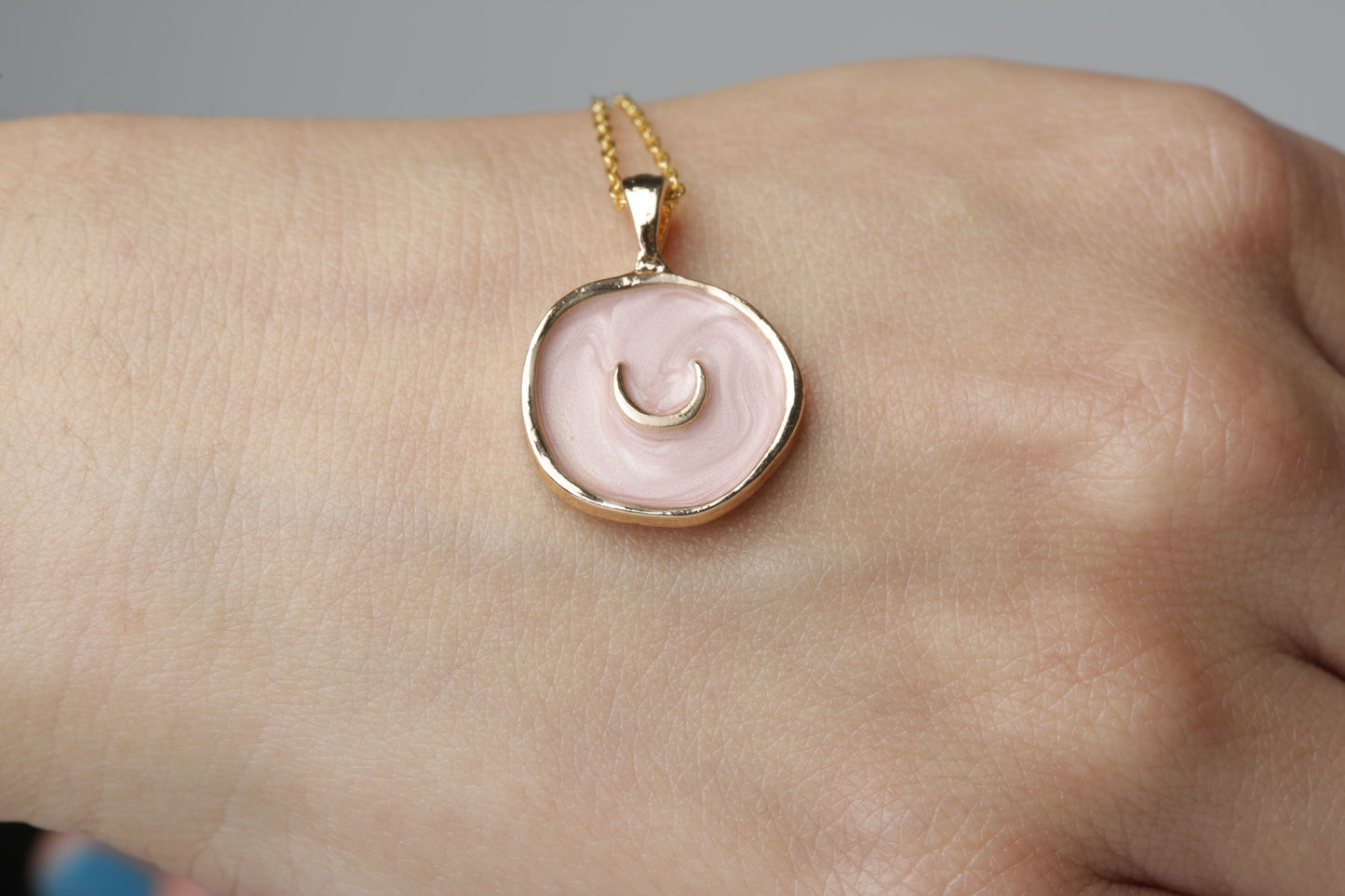 Pink Engraved Moon Charm Necklace