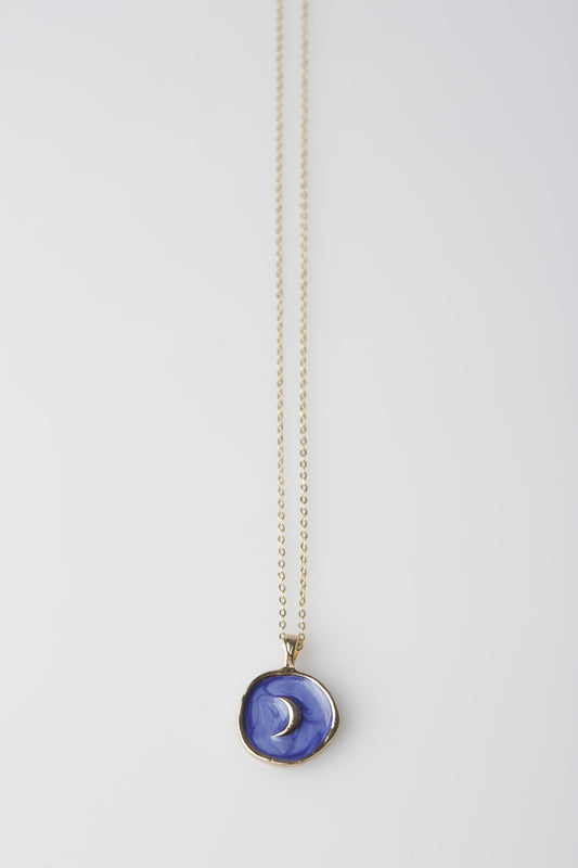 Blue Engraved Moon Charm Necklace