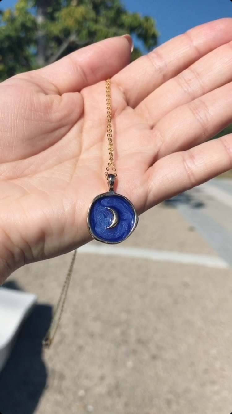 Blue Engraved Moon Charm Necklace